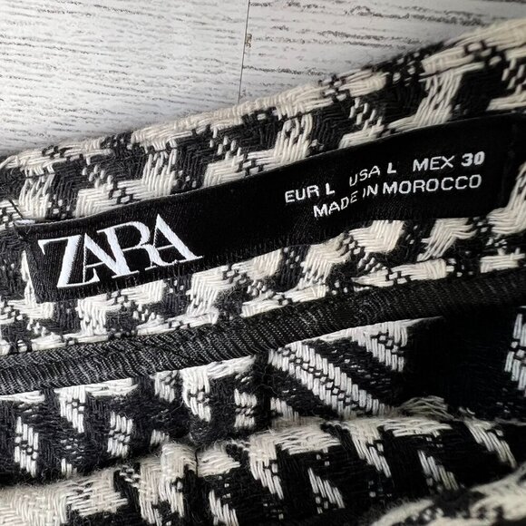 Zara Skirt Womens Size Large Black & White Tweed Plaid Ruffle Houndstooth Pencil - Picture 2 of 14